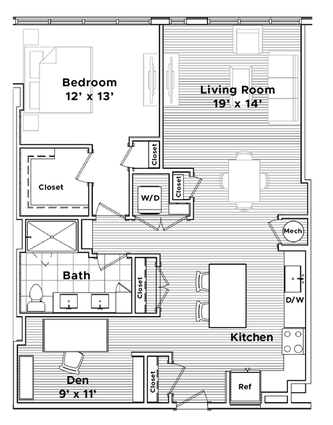 Floor plan for 1 bed, 1 bath, 1014 sqft